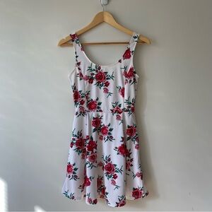 H&M U-Neck High Waist Roses Fit And Flare Dress White US 8